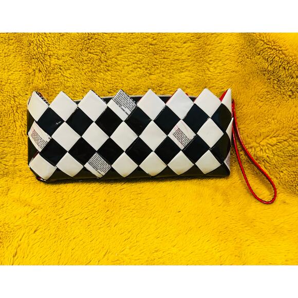 Nahui Ollin Clutch Bag Purse Recycled Candy Wrapper  Black White Red Zig Zag - Picture 1 of 11